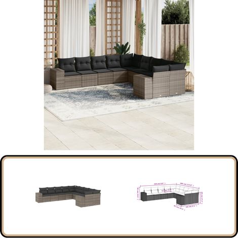 10-tlg. Garten-Sofagarnitur mit Kissen Grau Poly Rattan - Gartensorte - Gartenmöbelset - PE-Rattan Möbel - Outdoor Lounge Set - Balkonmöbel