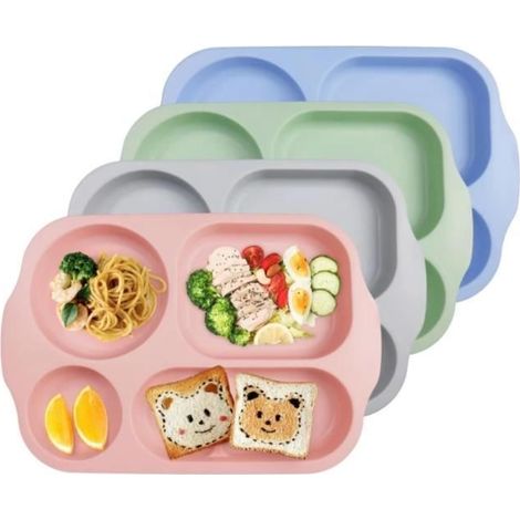 Assiettes 5 Compartiments pour Les Adultes et Enfants, Lot de 4 Assiette Plastique Reutilisable et Incassables，sans BPA (1/4)