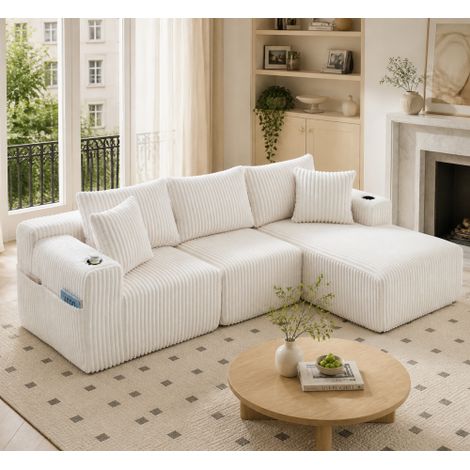 Modulares Sofa Set mit Chaiselongue & 2-Sitzer, weicher Cordbezug, mit 5 Kissen, seitliche Taschen & Getränkehalter, hochdichter Schaumstoff, DIY-Kombination, Ideal für Wohnzimmer, Apartment & Studio.