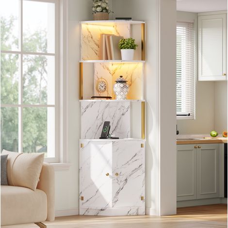 Eckschrank, Aufbewahrungsschrank mit LED-Beleuchtung und Steckdosen, Sideboard mit 2 Türen für Küche, Esszimmer und Wohnzimmer, 38 × 38 × 180 cm