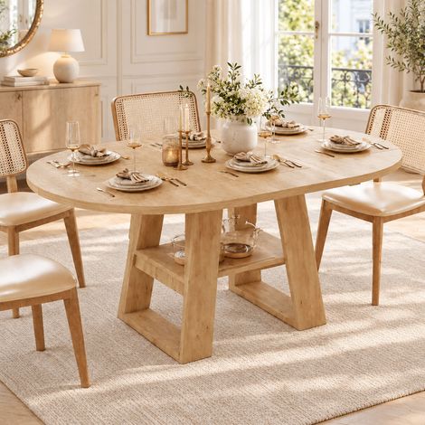 Table à manger extensible 110 à 150 x 110 cm, 4 à 6 personnes, rallonge intégrée et rangement sous plateau, MDF effet chêne (1/5)