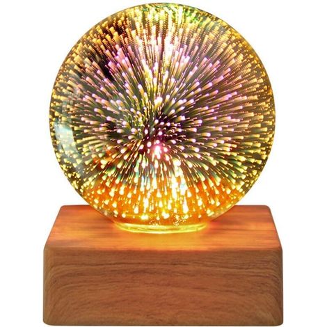 Veilleuse LED Boule de Cristal 3D, Veilleuse Feu d'Artifice LED, Lampe de Bureau Romantique, Boule de Verre Cristal Magique, Lampe Décorative avec Socle Bois