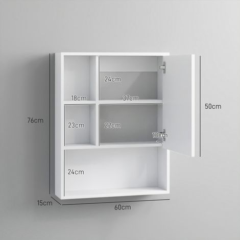 Meuble de salle de bain avec miroir, étagères et tablettes réglables, fixation murale, 60 x 15 x 76 cm, blanc (1/5)
