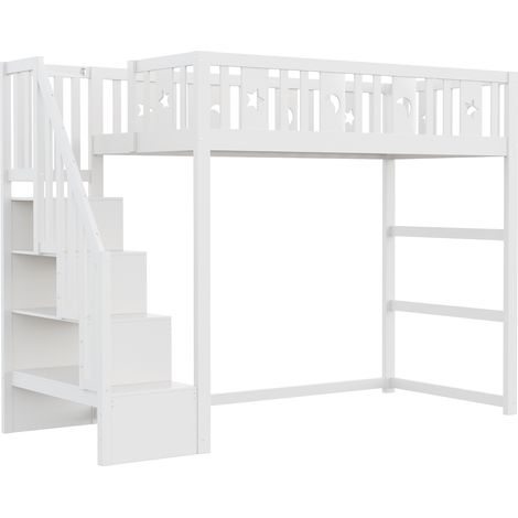 Cama alta infantil 90 x 200 con escalera, madera, blanca, motivos de estrellas y luna (1/5)
