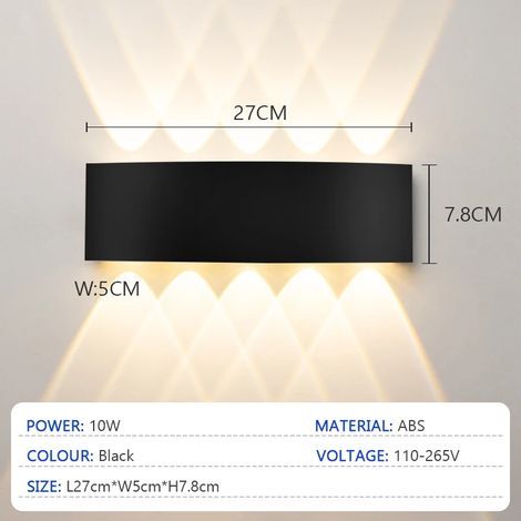 (Lumière blanche - 6000K - Noir 10W) Appliques murales LED modernes, étanches, pour intérieur et extérieur : salon, couloir, cour, jardin. (1/4)