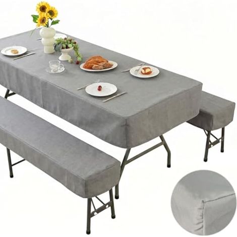 Lot de 3 Nappes pour Table et Bancs de Jardin – Gris – Imperméable – Tailles: Table 220×70 cm, 2 Bancs 220×25 cm – Couverture de Table en Polyester – pour Fête, Pique-Nique, Mariage (1/5)