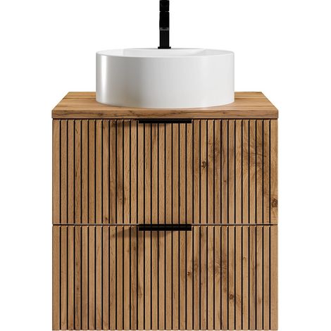 Mobile per bagno sospeso con scanalature con lavabo da appoggio tondo Naturale chiaro e nero 60 cm - MADELA (1/4)