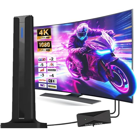 Antenne TV Intérieure Puissante, Antenne Interieur TNT Puissante avec Amplificateur de Signal à Gain Élevé, Réception Longue Portée Compatible avec TV 4K 1080P & Câble Coaxial de 5m (1/5)