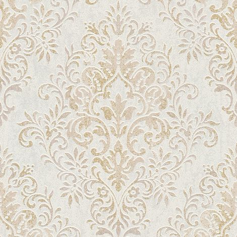 Papier peint baroque intissé 10,05 x 0,53 m – Motif doré et blanc damassé – Raccord droit 64 cm – Pour chambre et couloir – Bricoflor
