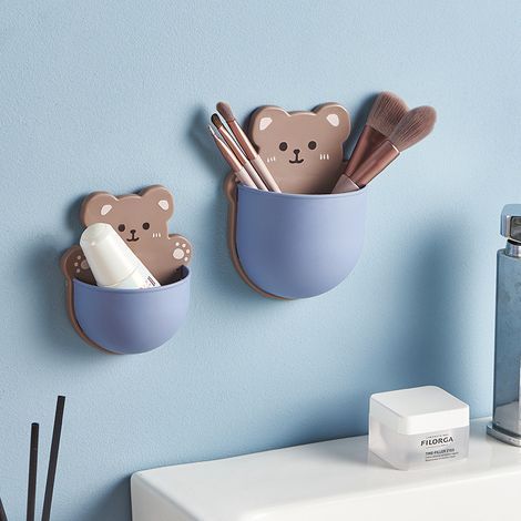 Bonita caja de almacenamiento con diseño de animales de dibujos animados, multifuncional, soporte autoadhesivo para teléfono de pared (trompeta de oso). (1/5)