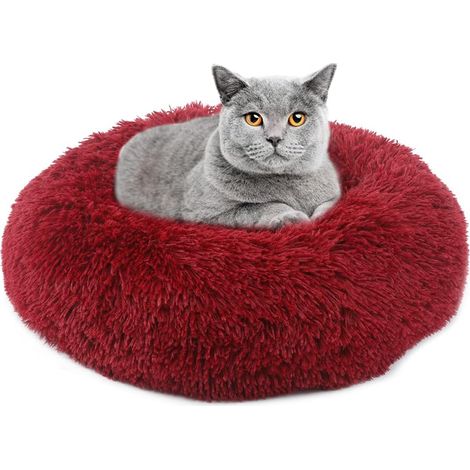 Lit pour chat pour animaux de compagnie, lit pour chat rond anti-dérapant pour chats d'intérieur, 40 cm bordeaux (1/5)