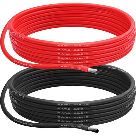 Fil de Silicone de Calibre 8, 8.29 m㎡ 8 AWG Câble électrique 6m(3m Rouge+3m Noir), Faible Impédance Douce et Flexible 0.08 mm 1650 Torons Fil de Cuivre pour Voiture RC/Drone/Projets (1/5)