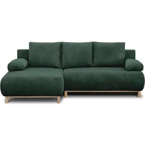 Canapé d’angle convertible 3 places – Coffre à gauche – Velours vert foncé – Surface de couchage 130 x 210 cm – Assise ferme avec ressorts (1/5)