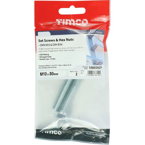 TIMCO Set Screws DIN933 Grade 8.8 & Hex Nut DIN934 Silver - M10 x 80