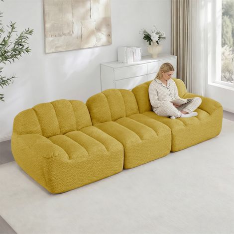 Canapé modulable 3 places 288 x 104 x 79 cm - Tissu bouclette jaune - Mousse 32D, assise profonde (1/5)