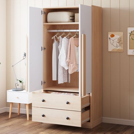 Armario ropero 70x40x170 cm blanco y madera en madera con 2 puertas, 2 cajones y estantes (1/5)