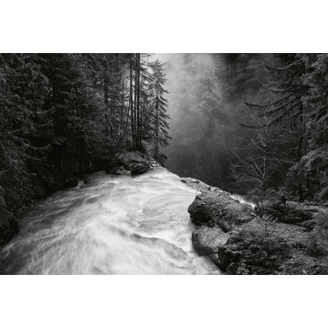 Papier peint panoramique forêt & cascade | Tapisserie panoramique nature grise | Papier peint panoramique gris idéal pour salon & chambre - 384 X 260 cm (8 pièces) (1/2)