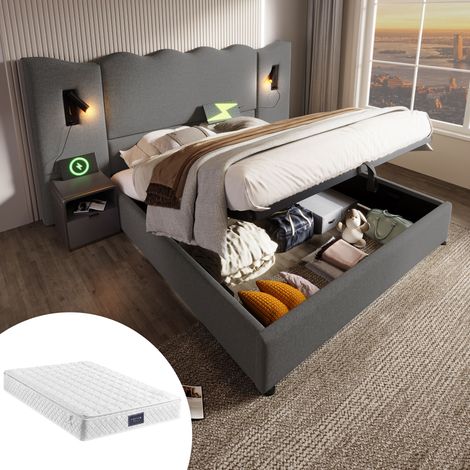 Bett Doppelbett Stauraum 160x200 Leinen Grau OKMYHOME