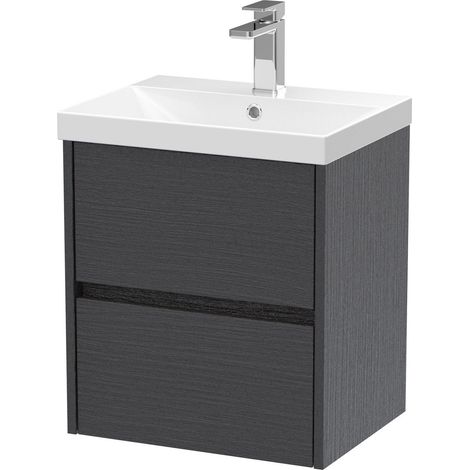 Chartley Contemporary 2 Drawer Wall Hung Vanity Unit with Thin Edge Basin, Graphite Grey Woodgrain, 500mm