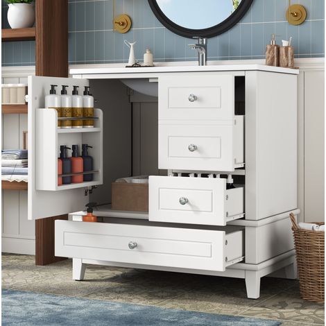 OKWISH Waschbeckenunterschrank 81 cm Weiß Hochglanz mit 3 Schubladen und Keramikbecken (1/5)