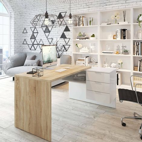 Bureau d'angle réversible en mélaminé – Chêne canadien et blanc Artik – 145 cm longueur x 108 cm profondeur x 73 cm hauteur – 3 tiroirs spacieux – Dimaplast
