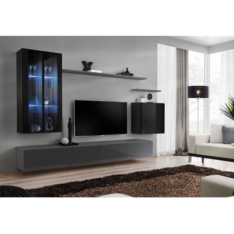 Ensemble mural - Switch XII - 2 vitrines LED - 2 bancs TV - 1 vitrine carrée - 3 étagères - Noir et graphite - Modèle 2 - Livraison gratuite