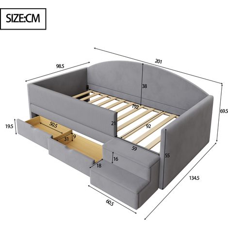 Canapé convertible rembourré 90x190 cm, clic-clac polyvalent avec 2 tiroirs, barres de protection et repose-pieds, housse en velours moelleux, sans matelas, teinte gris clair (1/5)