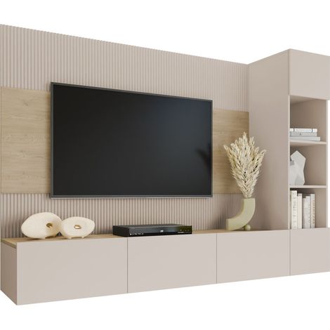 Mobilier1 – Ensemble de salon Comfivo 369 – Largeur 220 cm – Hauteur 150 cm – Stratifié beige et chêne – Fabriqué en Union Européenne
