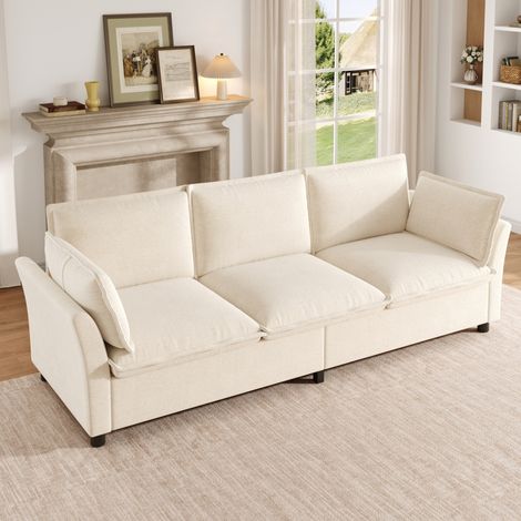Canapé 3 places 220x81x87 cm beige, avec 2 coussins, tissu chenille MEUBLIV (1/5)