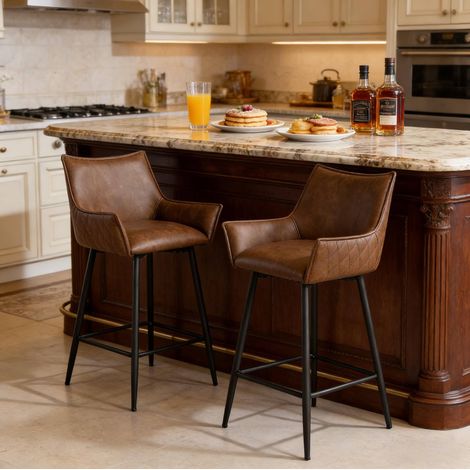 Lote de 2 taburetes de bar con respaldo y reposabrazos, asiento 62 cm, PU marrón y metal negro (1/5)