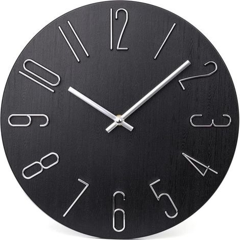 Horloge murale 30 cm (environ 30 cm) Silencieuse, sans tic-tac, horloge murale moderne en bois, décoration, bureau, maison, chambre, école (noire) (1/4)