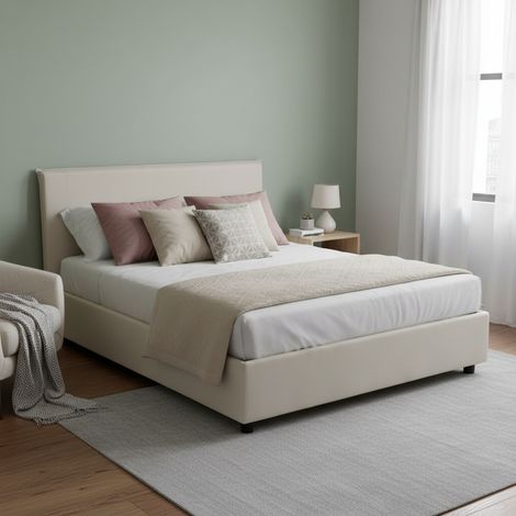 Talamo Italia Cama matrimonial Berenice, Cama contenedor con revestimiento de tela, 100% Made in Italy, Apertura frontal, adecuado para colchón Cm 140x200, Beige, con embalaje reforzado (1/5)