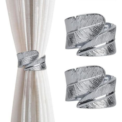 [JAMAIS UTILISÉ] Lot de 2 embrasses de rideaux décoratives en métal avec plumes pour salon, café, maison, bureau - Argenté (1/4)