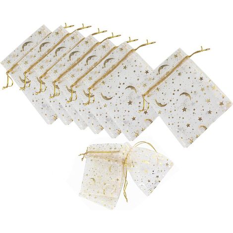 100 Stück Organza-Beutel mit Kordelzug (9 x 12 cm) mit Stern- und Mondmotiv, stilvolle Handtaschen für Hochzeiten und Partys (1/5)