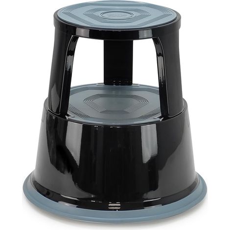 Sgabello a rotelle in metallo robusto – 2 gradini antiscivolo, ruote a blocco automatico – altezza 43 cm, carico 150 kg, sicurezza TÜV/GS, nero/grigio (1/5)
