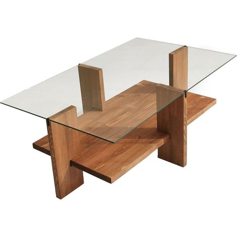 Table basse rectangulaire en Bois massif et verre trempé 105 cm - Orvieto