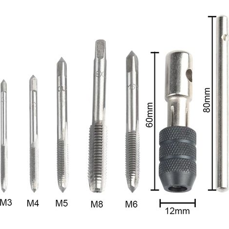 Mesee 5Pcs Tarauds à Goujure Droite à Main Métrique Assortiment M3 M4 M5 M6 M8 avec 1Pc Clé Réglable, Ensemble de Taraudage à Filetage en Acier avec Tourne-à-gauche en T pour Filet Rapporté (1/4)