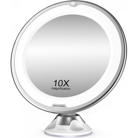 Grossissant Miroir Maquillage 10x avec Lumières LED 1 Joint à Bille d'attache Ajustable à 360° Miroir Cosmétique Portable, pour Salle de Bain, Voyage (1/5)