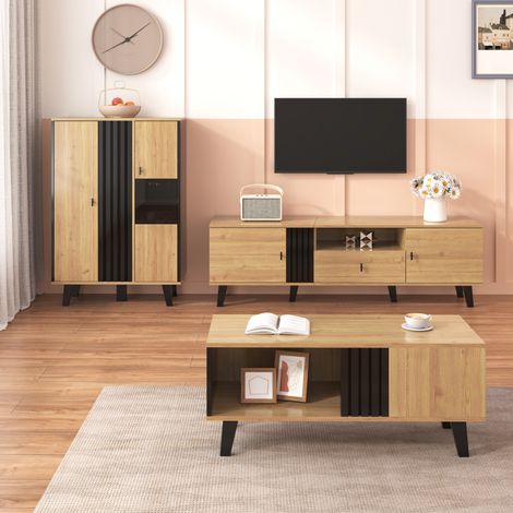 Ensemble de meubles de salon, 3 pièces – table basse, meuble TV et buffet – design moderne en bois et noir – nombreux rangements, élégance et style pour tout intérieur