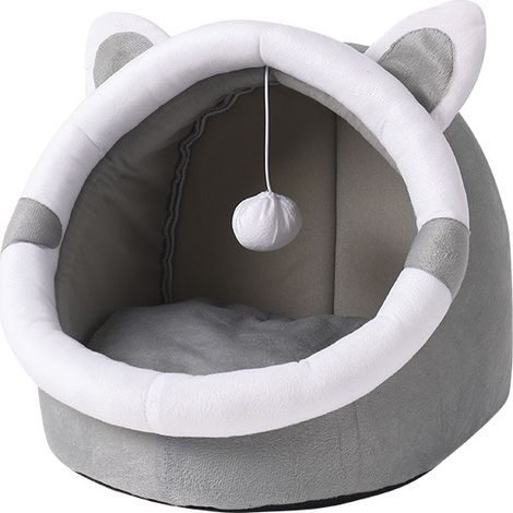 Niche Chat Igloo Semi-Fermée Taille L – Maison Grotte Intérieure Hiver, Peluche + Coton PP, Oreilles de Chat, Jouet Suspendu, Coussin Amovible Lavable – Chats et Petits/Moyens Chiens, Gris Blanc, 4 Sa