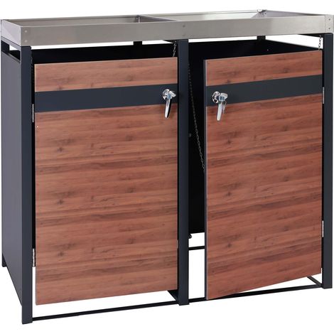 [NEUWERTIG] 2er Mülltonnenverkleidung mit Pflanzkasten HHG-342, erweiterbar, Metall 59kg, anthrazit Kirsche-Holzoptik dunkelbraun
