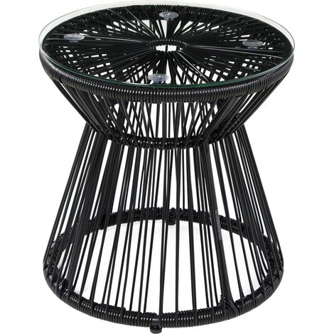 Table ronde jardin résine tressée imitation rotin, table bistrot métal avec plateau verre trempé Ø 40 x 42 cm, noir (1/5)