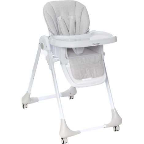 Chaise haute pour repas 6 mois - 15 kg, hauteur réglable sur 7 positions, dossier et repose-pieds inclinables, 4 roues avec freins, pliage compact et peu encombrant, double plateau