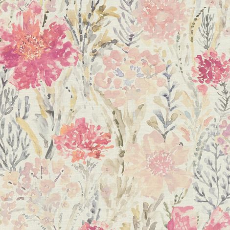 Carta da parati floreale Profhome 396952 Carta da parati TNT goffrata a caldo leggermente strutturata in stile acquerello opaca bianco rosa verde grigio 5,33 m2