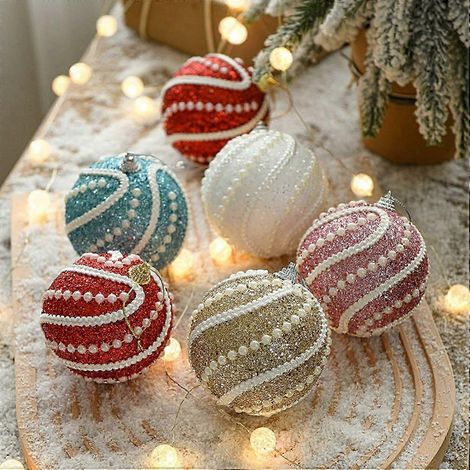 Boules de Noël nacrées de 8 cm - Lot de 6 décorations en mousse écologique givrée avec finition pailletée pour décoration de sapin scandinave - HK918 (1/5)
