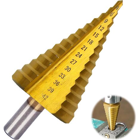 Punta a gradini, punta a gradini per metallo, punta per metallo, fresa per metallo, fresa per legno, 4-42 mm, punte coniche HSS, adatte per legno, plastica, metallo (1/5)