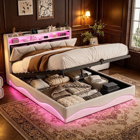 Polsterbett 160 x 200 cm  mit LED und USB, Doppelbett mit  hydraulisch und Stauraum, modern Jugendbett mit Kopfteil, Bettgestell mit Lattenrost,Velour
 Beige, Ohne Matratze
