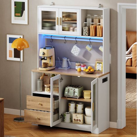 Aparador alto de cocina de 110x40x178 cm con iluminación LED RGB, puertos USB, vitrina de cristal templado y MDF blanco (1/5)