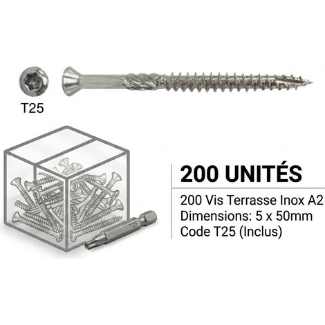 Boîte de 200 Vis de terrasse inox A2 5 x 50 mm tête fraisée avec embout (1/5)