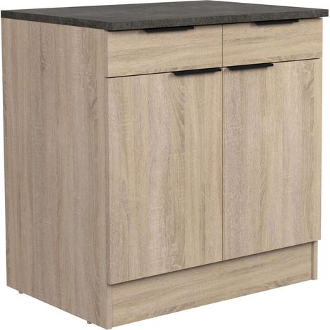 Meuble de cuisine inférieur de style industriel Arko en chêne brut et noir avec 2 tiroirs et 2 portes 80x86x60 cm. (1/5)